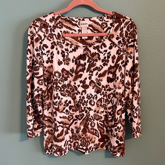 Chico’s Animal Leopard Tiger Print Stretch Top Blouse 2 Medium 12 Scoop Neck - Picture 5 of 6